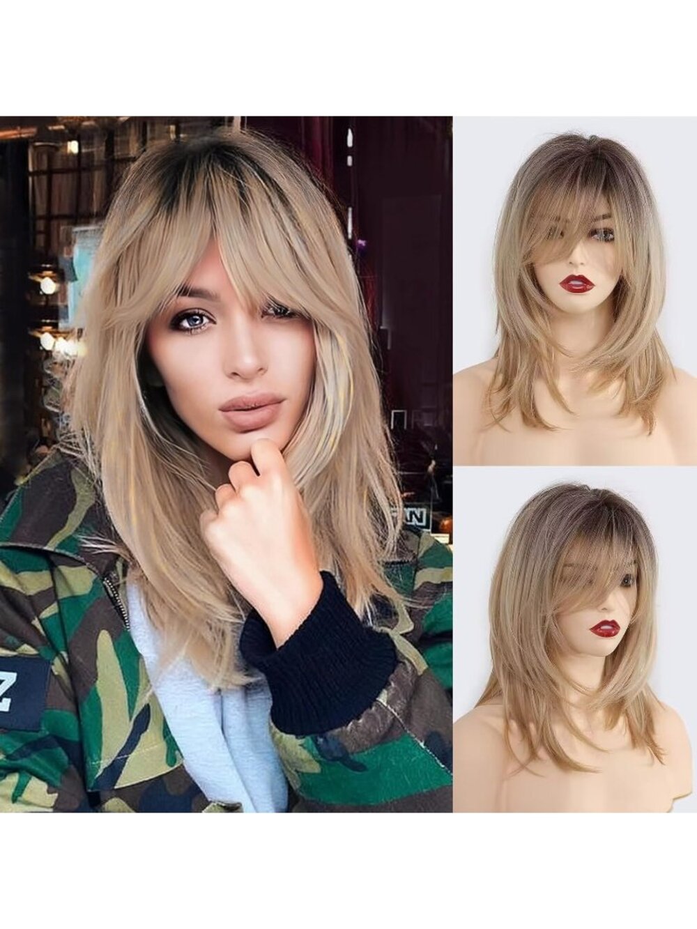Women blonde dark Heat Resistant Long Curly Shoulder Length Synthetic Wigs